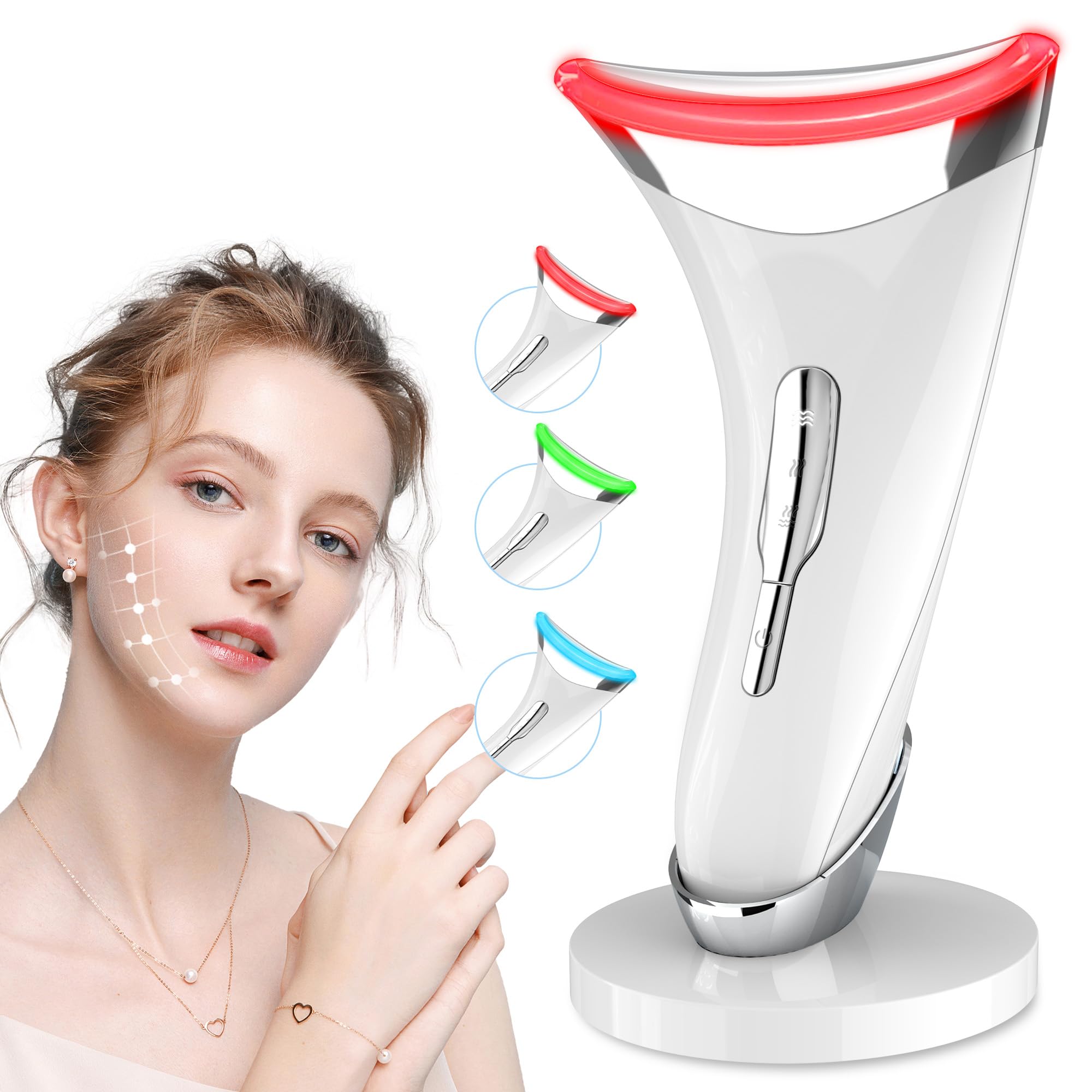 Massaggiatore Viso Antirughe, Dispositivo di Bellezza con 45 ℃ EMS per Lifting e Rassodamento Viso e Collo, Gua Sha Elettrico con 3 Modi LED Terapia Della Luce