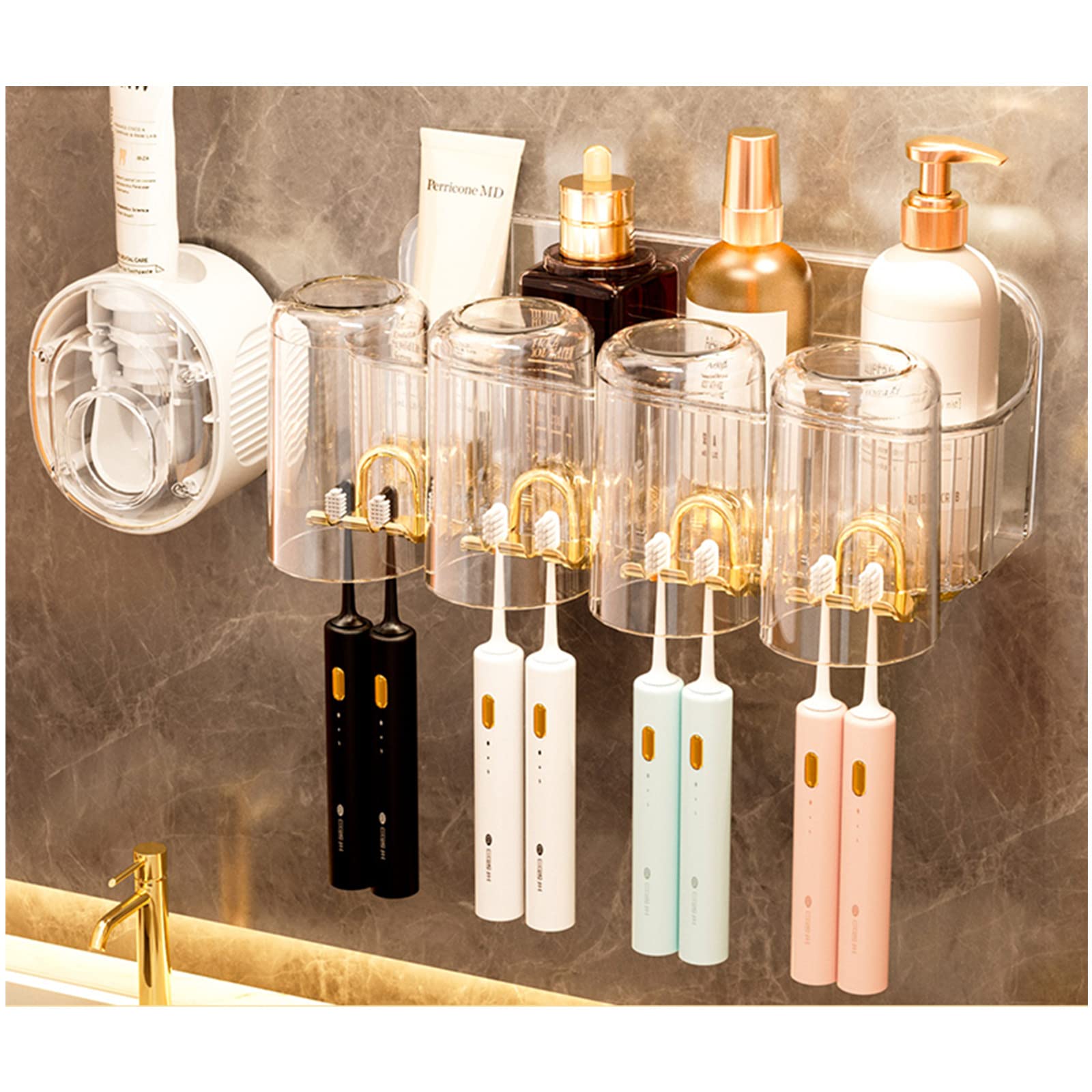 Porte Brosse à Dents, Porte Brosse à Dents Mural sans Perçage, Support Brosse a Dent Electrique Pet, Multifonction Rangement Salle de Bain pour Hôtel Maison, Transparent