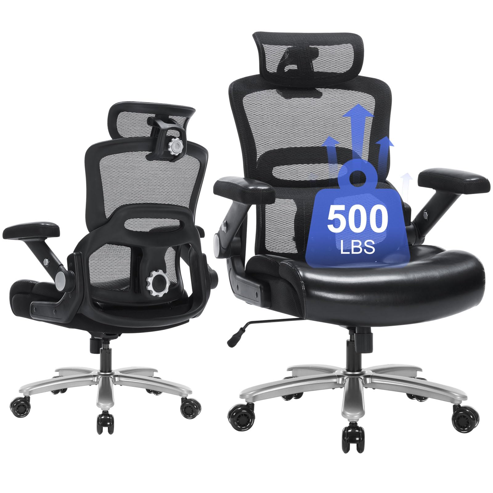500lbs Heavy Duty Ergonomic Office Chair, Big and Tall Desk Chair with Adjustable Lumbar Support 3D Flip Arms Headrest, Mesh High Back Wide Computer