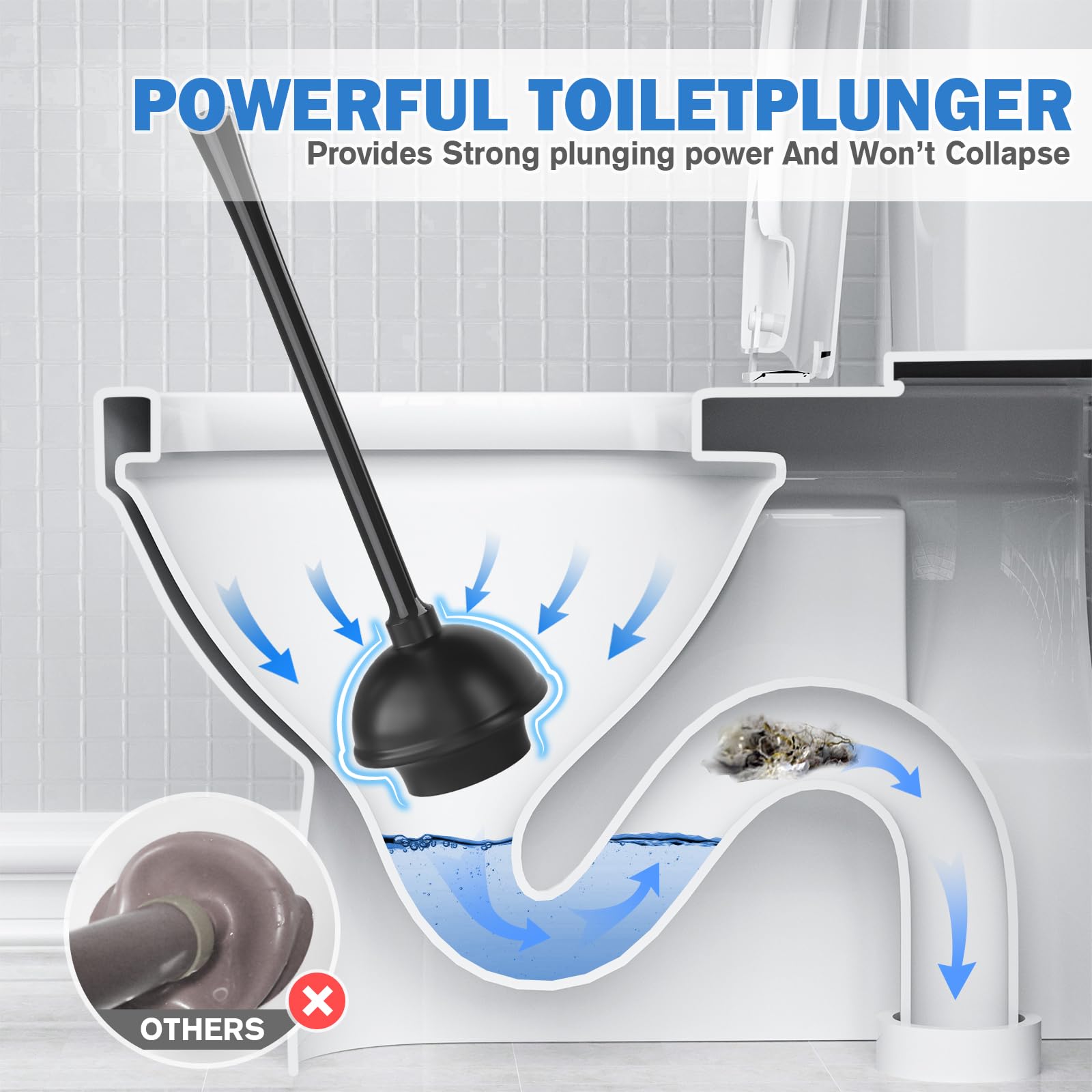 Set 2 In 1 Per WC Con Stantuffo E Scopino In Silicone – Supporto Ventilato Antigoccia, Nero, Compatibile Con Water E Scarichi
