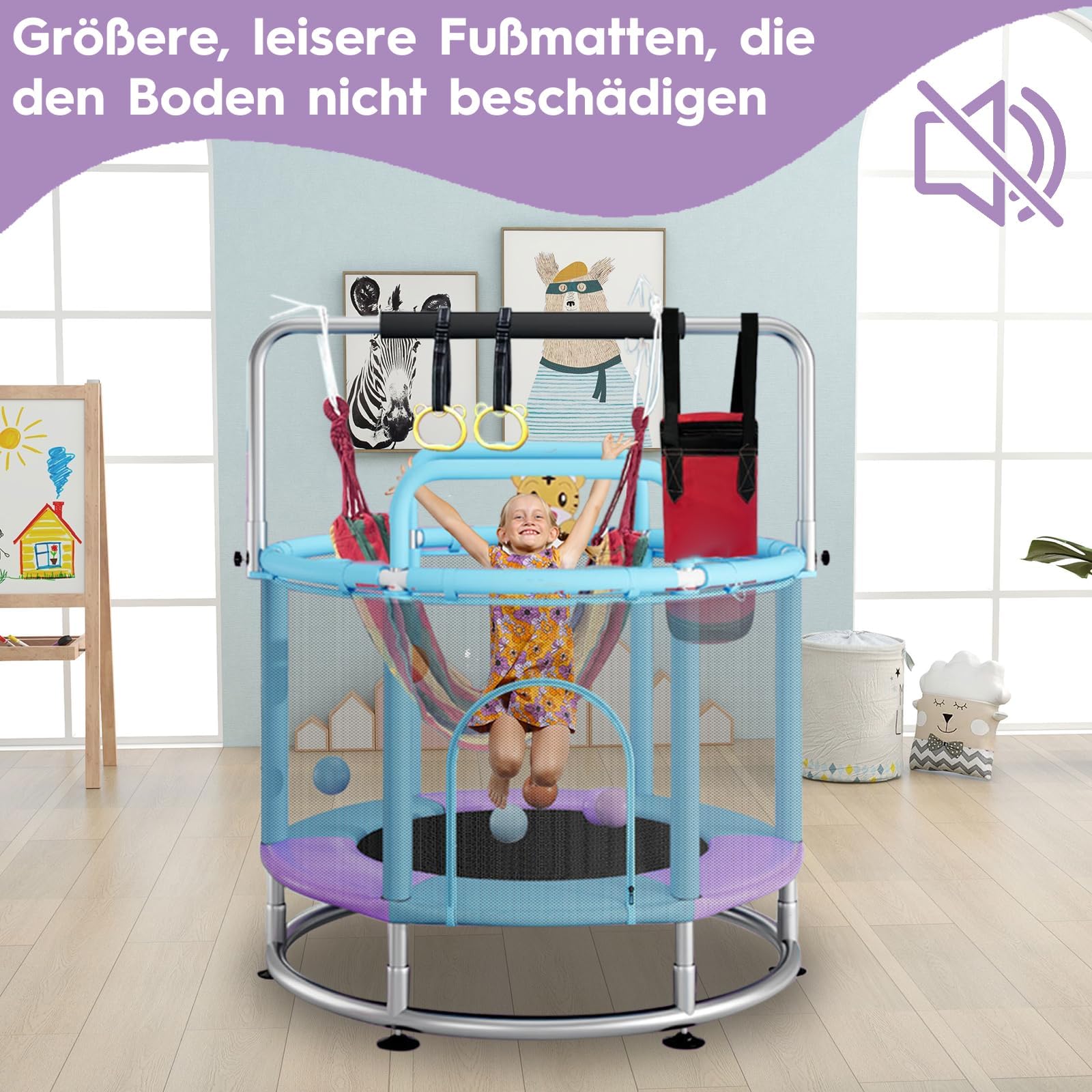 Trampoline pour enfants, avec filet sur tout le pourtour et barres de gymnastique réglables pour l'intérieur, l'extérieur, pour enfants, garçons, filles, 140 cm