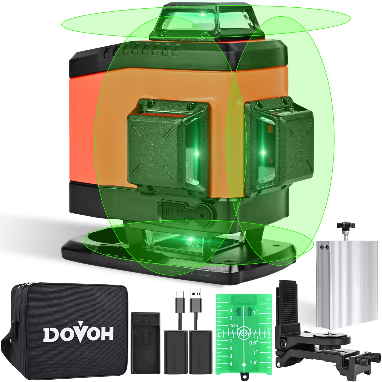 DOVOH 4x360° Laser Level 360 Self Leveling : 16 Line Laser Leveler for Construction Floor Tiling and Ceiling Rechargeable Green Beam 4D Plane Magnetic Bracket Included, K4-360G