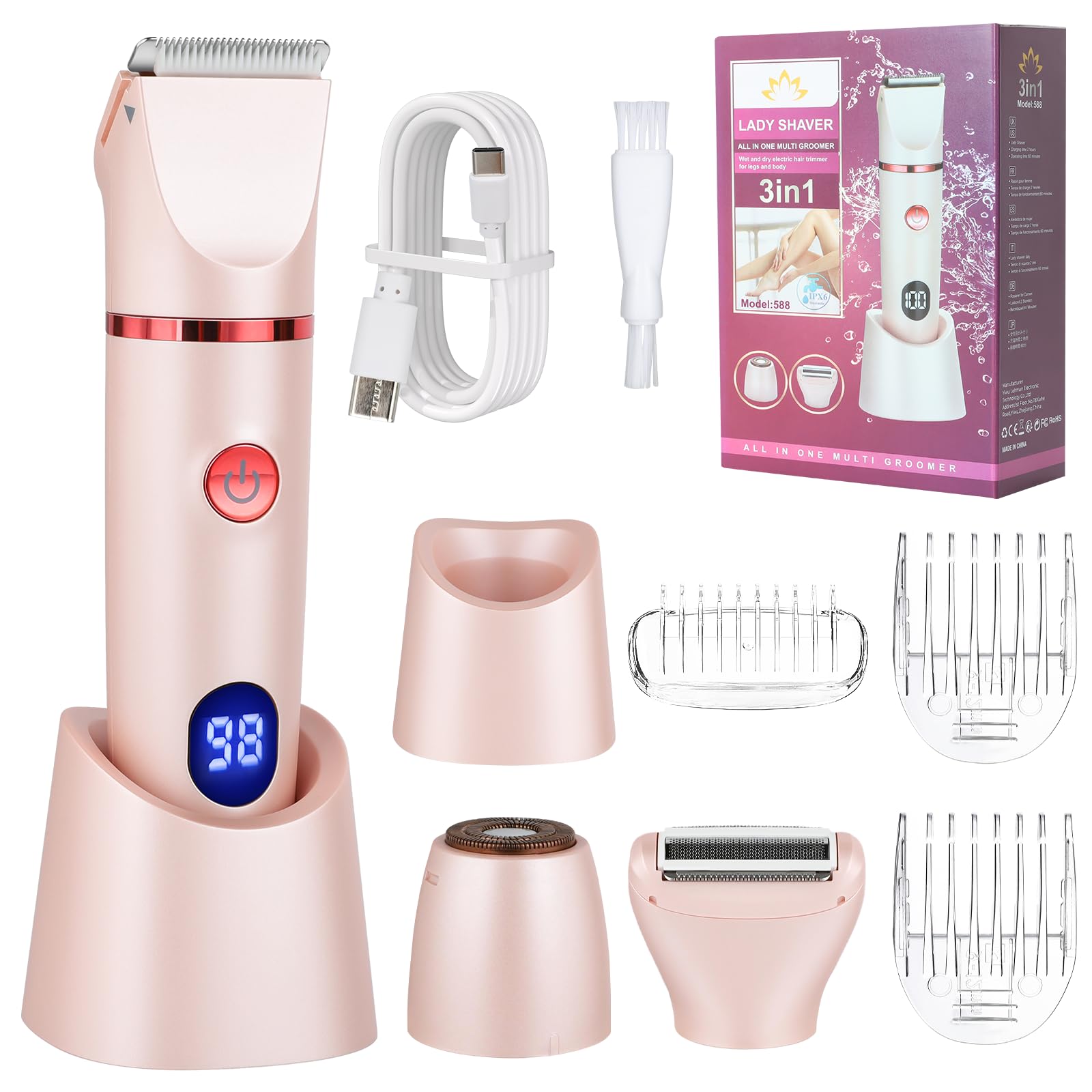 Cozary Rasoio Elettrico Donna,3 In 1 Depilatore Corpo,Rasoio Elettrico Impermeabile,Rasoio Intimo a Secco e Bagnato,Rasoio Parti Intime Donna per Viso, Corpo, Soprocciglia e Inguine