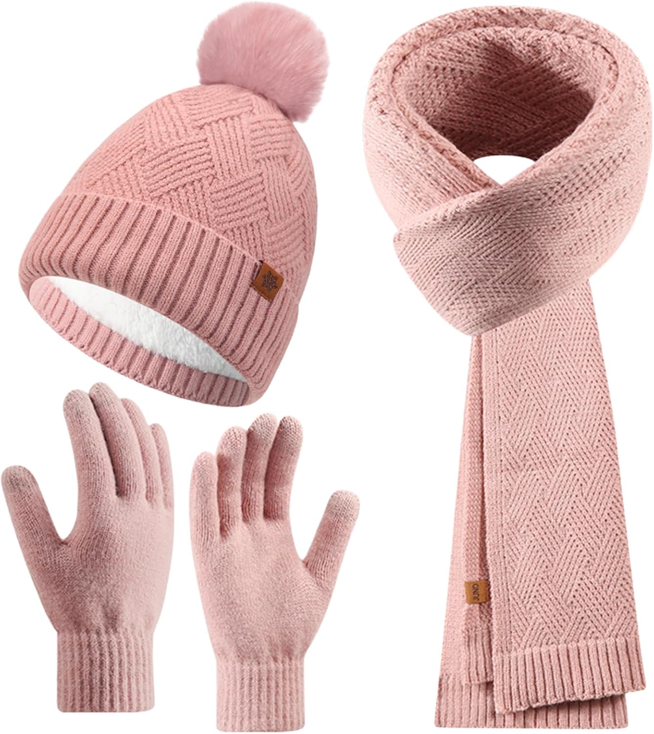 Womens Winter Hat Gloves Scarf Set, Warm Knit Pom Pom Beanie with Fleece Lined Long Neck Scarf Touchscreen Gloves Gift
