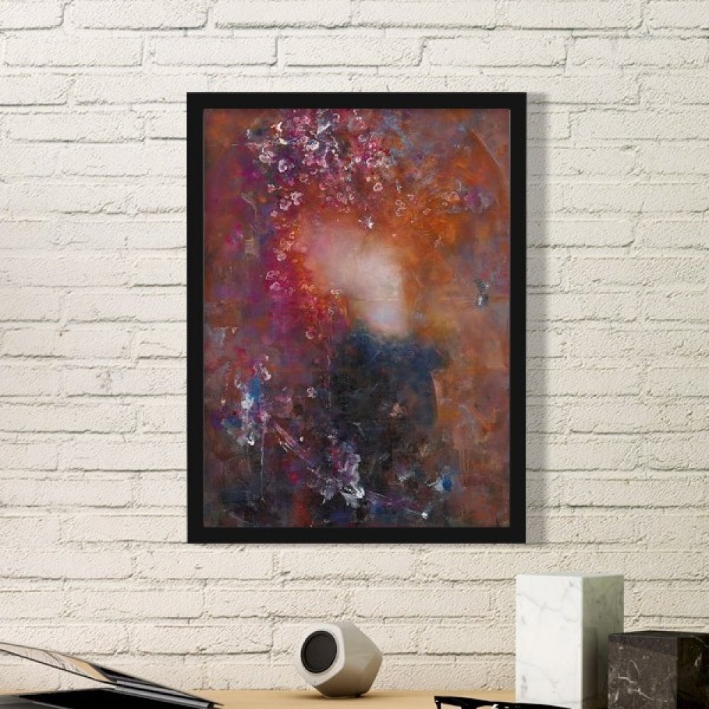 Cadre photo rond en bois noir avec peinture à l'huile fleur art maison taille S