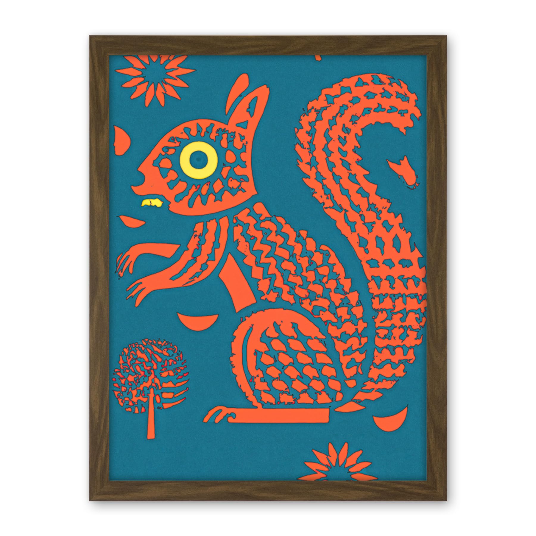 Artery8 Squirrel Colour Block Modern Folk Art Linocut Artwork Framed Wall Art Print 18X24 Inch