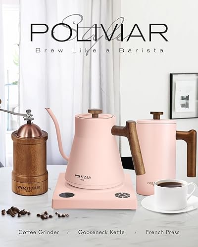 Miniatura 7 de POLIVIAR - Hervidor eléctrico de cuello de cisne, hervidor eléctrico de 1200 W, mango de madera real, hervidor eléctrico de 34 onzas para café y té,