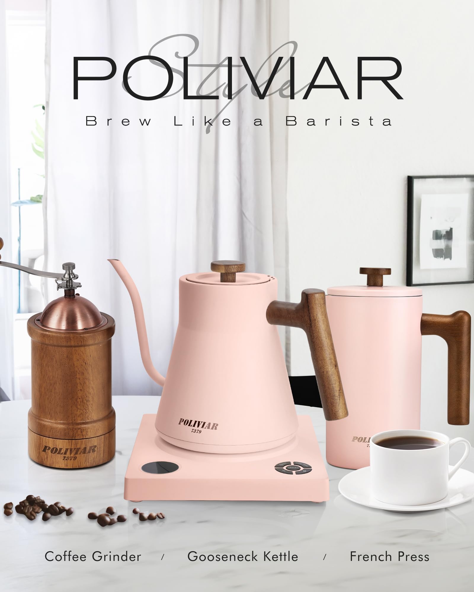 POLIVIAR Electric Gooseneck Kettle, 1200W Electric Tea Kettle Real Wood Handle, 34oz Pour Over Electric Kettle for Coffee & Tea, 18/8 Stainless Steel Inner, Temperature Control & Rapid Heating