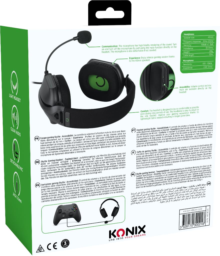 Konix Cuffie da gioco con cavo Skylite ultraleggere 218 g per Xbox One e Series X|S - Altoparlanti da 40 mm - Microfono - Cavo da 1,5 m - Jack da 3,5 mm - Nero