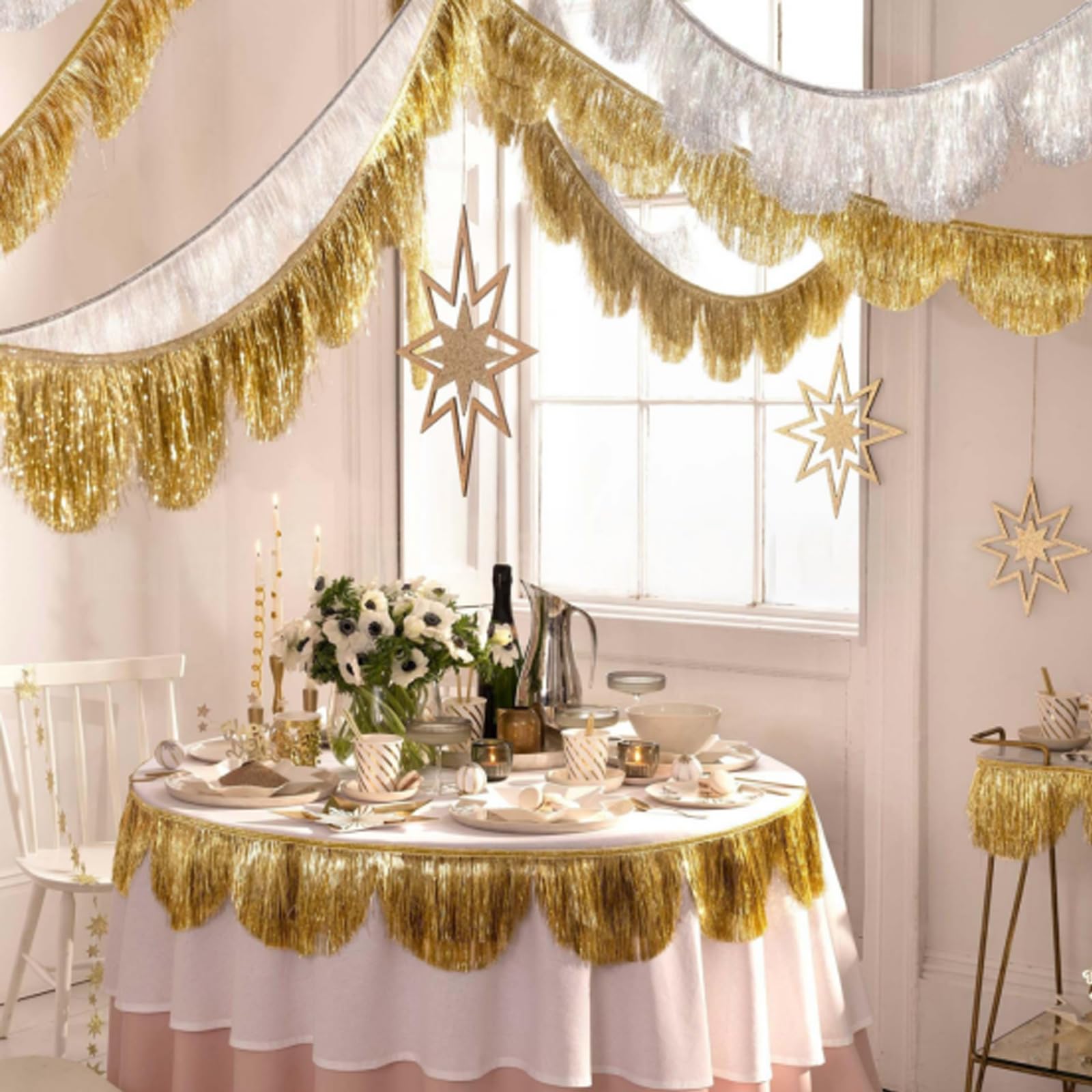 2 Stück Lametta Fransen Girlande,Doppelreihige Fringe Garland,Wellige Lamettagirlanden,Party Deko Girlanden,Fransengirlande Mit Schleife,Für Geburtstage,Mottoparty,Hochzeit(20x150cm),Silber