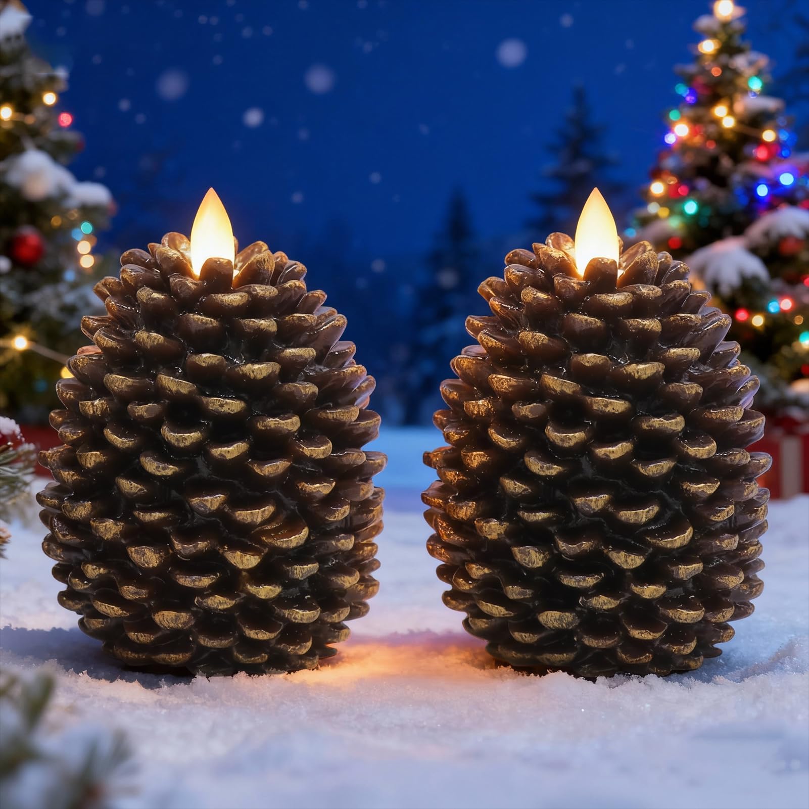 Eldnacele LED Pine Cone Candles with Timer, Battery Operated Flameless Candles Unscented Wax Pinecone Candles Brown 2 Pack for Christmas Home Party Decoration