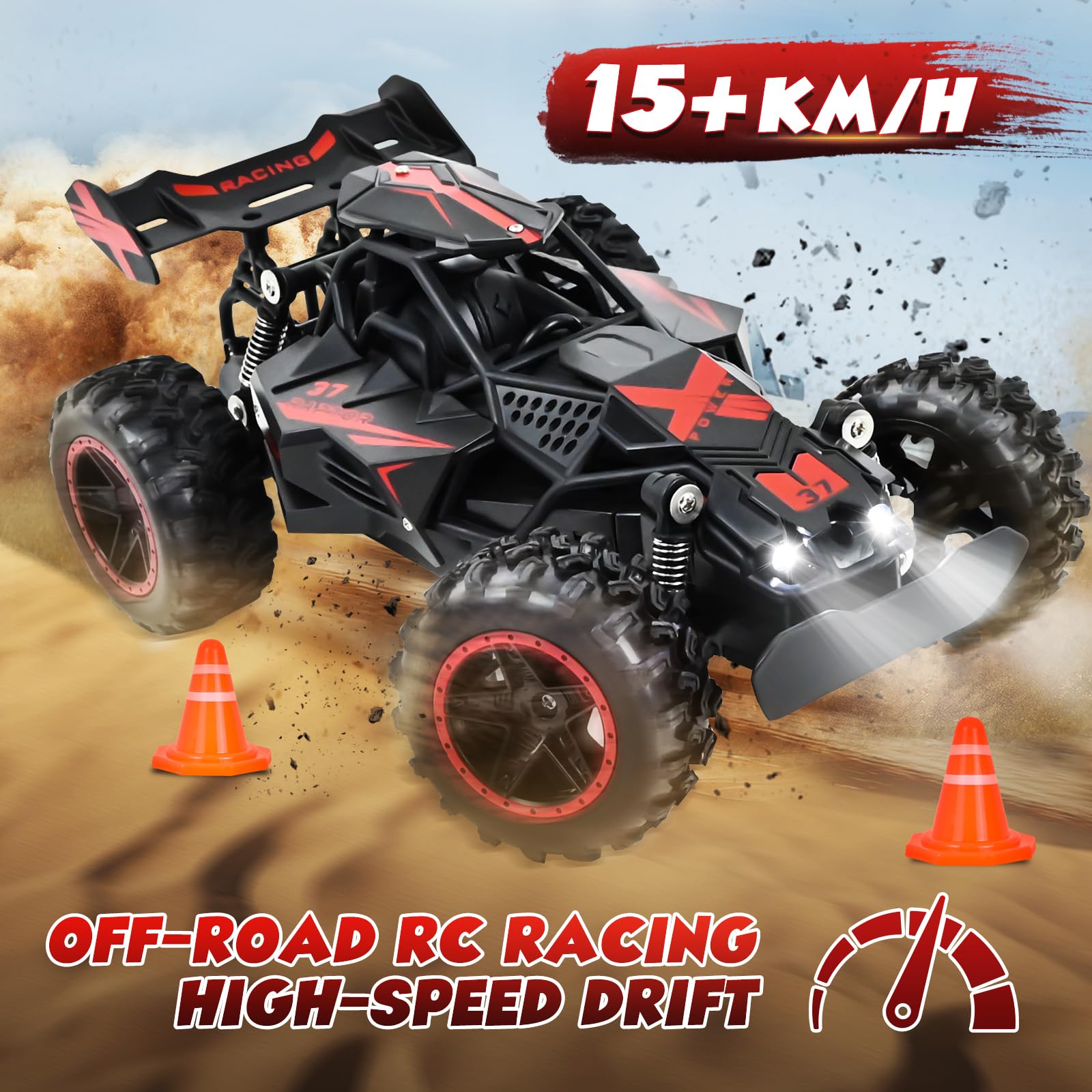 PATEMZON Macchina Telecomandata per Bambini, 2.4GHz 15+KM/H Monster Truck Telecomandato, 1:18 Auto Telecomandata con Luce, Natale Compleanno Giocattoli Giochi Regalo per 3 4 5 6 7 8 Anni