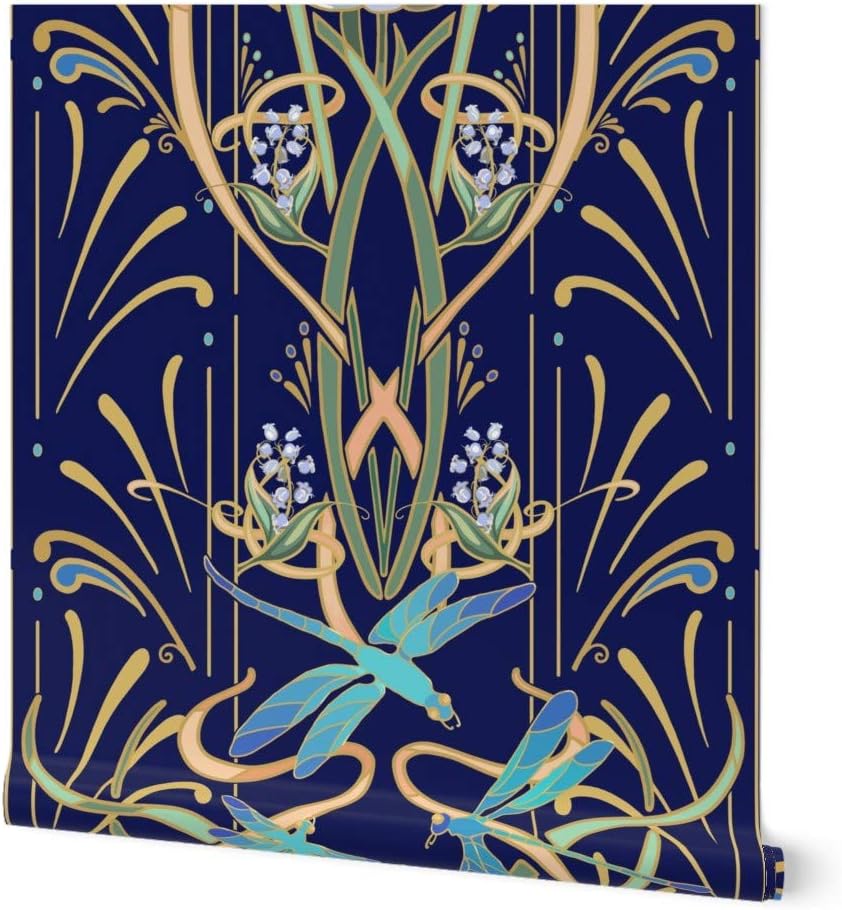 Peel & Stick Wallpaper 3ft x 2ft - Art Nouveau Dragonflies Navy Gold Classy Deco Contemporary Bold Aqua Lotus Water Custom Removable Wallpaper by Spoonflower