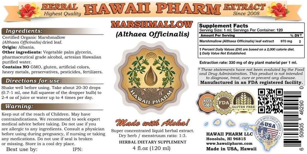 Hawaii Pharm Marshmallow Liquid Extract, Marshmallow (Althaea officinalis) Tincture Supplement 4x4 oz