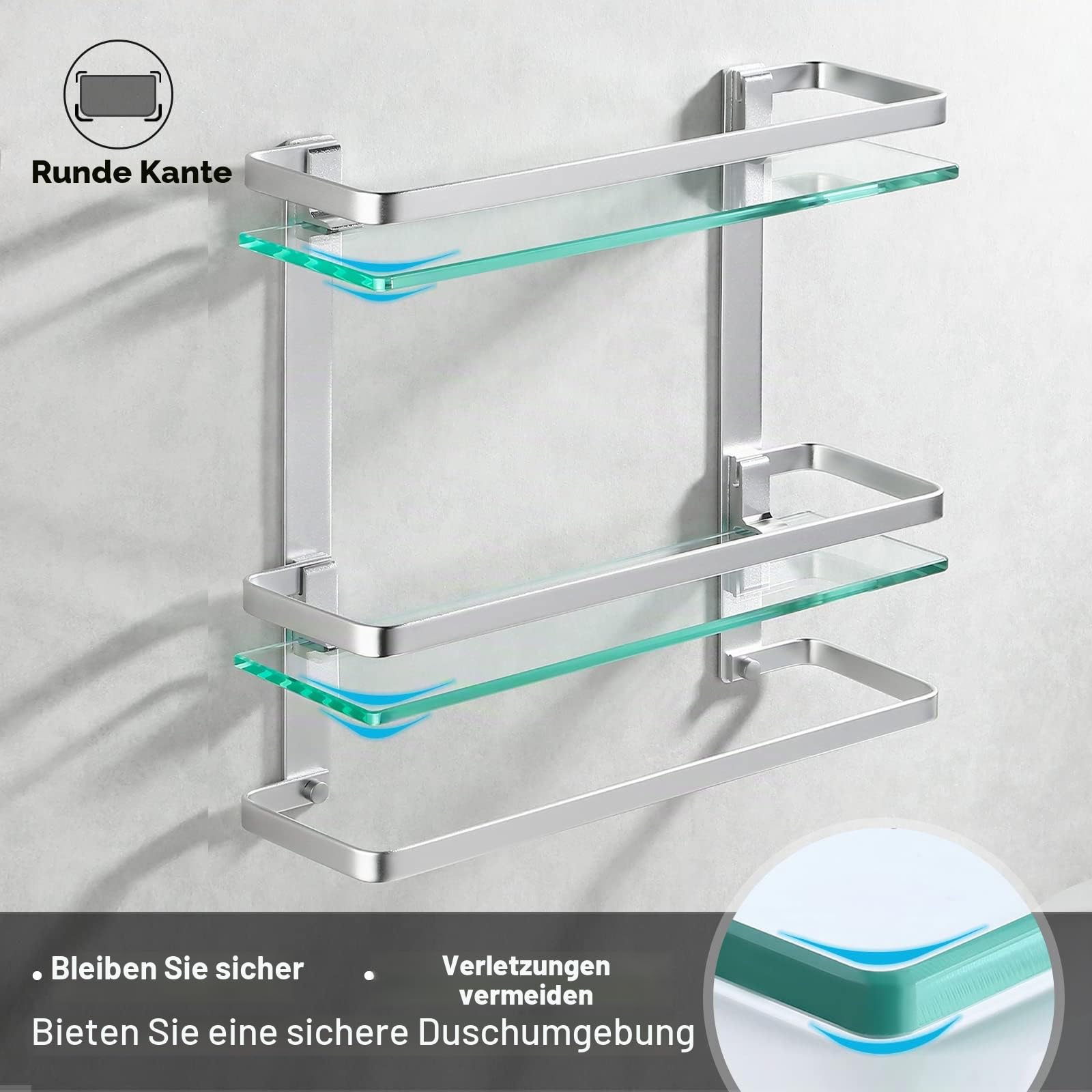KES Duschablage Glas Duschregal Glasablage für Badezimmer Wandregal Glasregal Dusche Ablage Hängeregal mit Handtuchhalter 2 Regale Aluminium Eloxiert Silber, A4127B