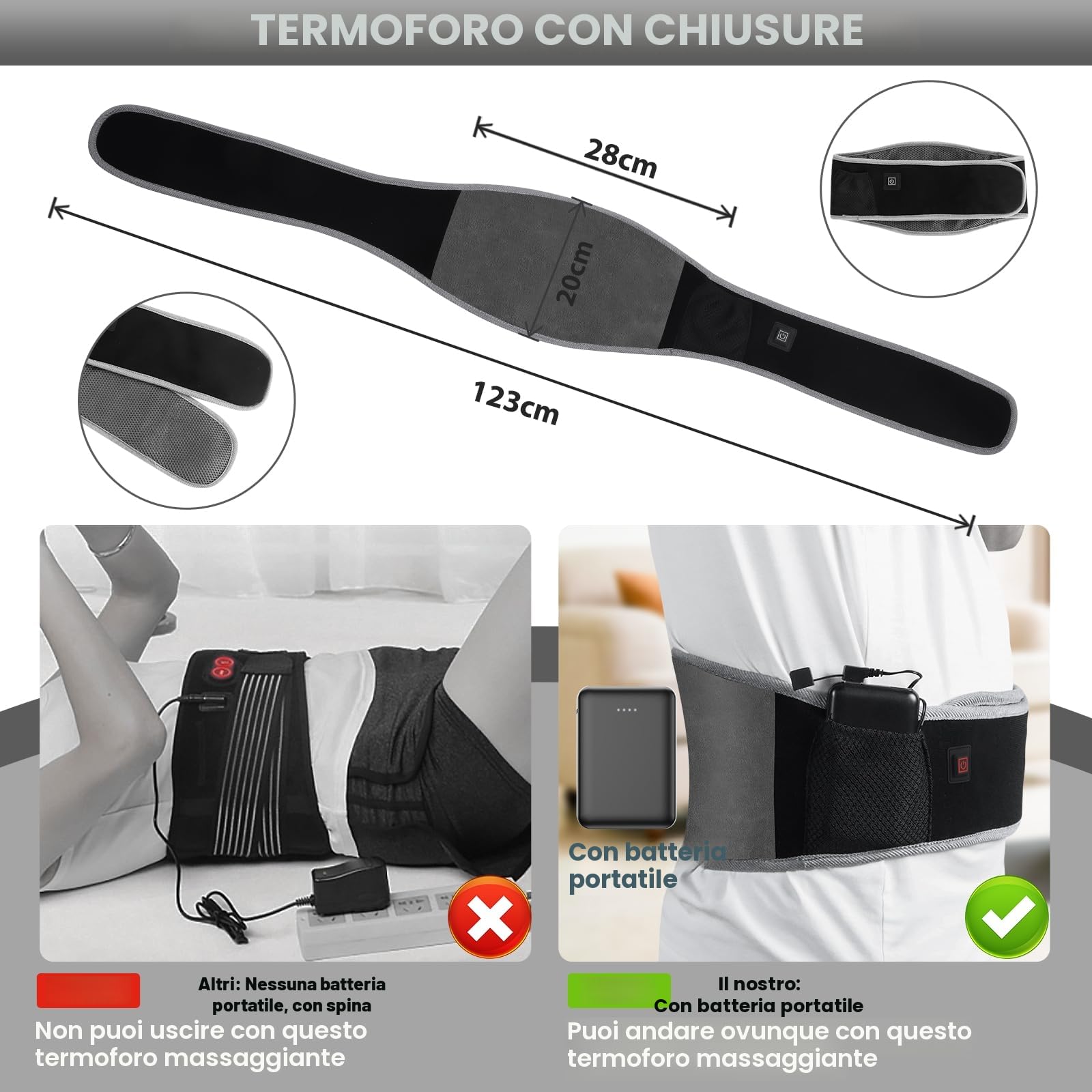 Grafene Termoforo Elettrico con Batteria da 5000mAh, Termoforo Lombare con 3 Livelli di Temperatura, Cuscino Termico Elettrico con Spegnimento Automatico per Schiena, Pancia