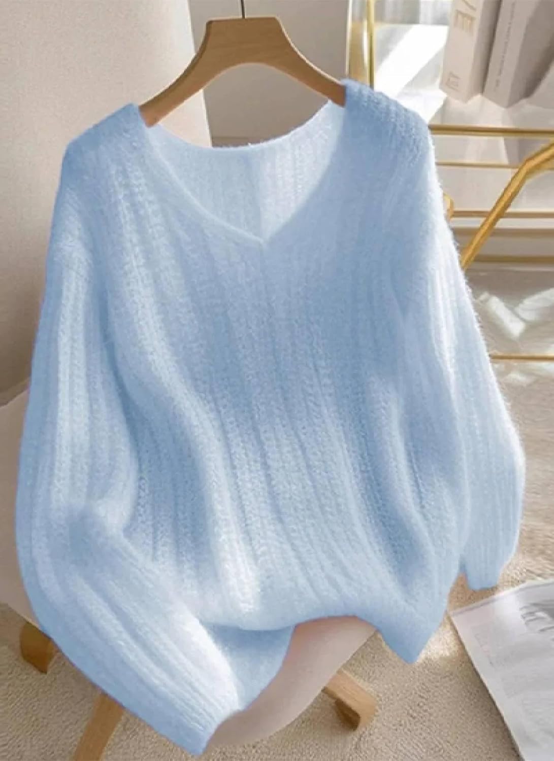 Womens Cute Pink Long Sleeve Pullover Sweaters 2025 Casual Loose V Neck Jumpers Basic Plain Ribbed Knit Tops - Image 2