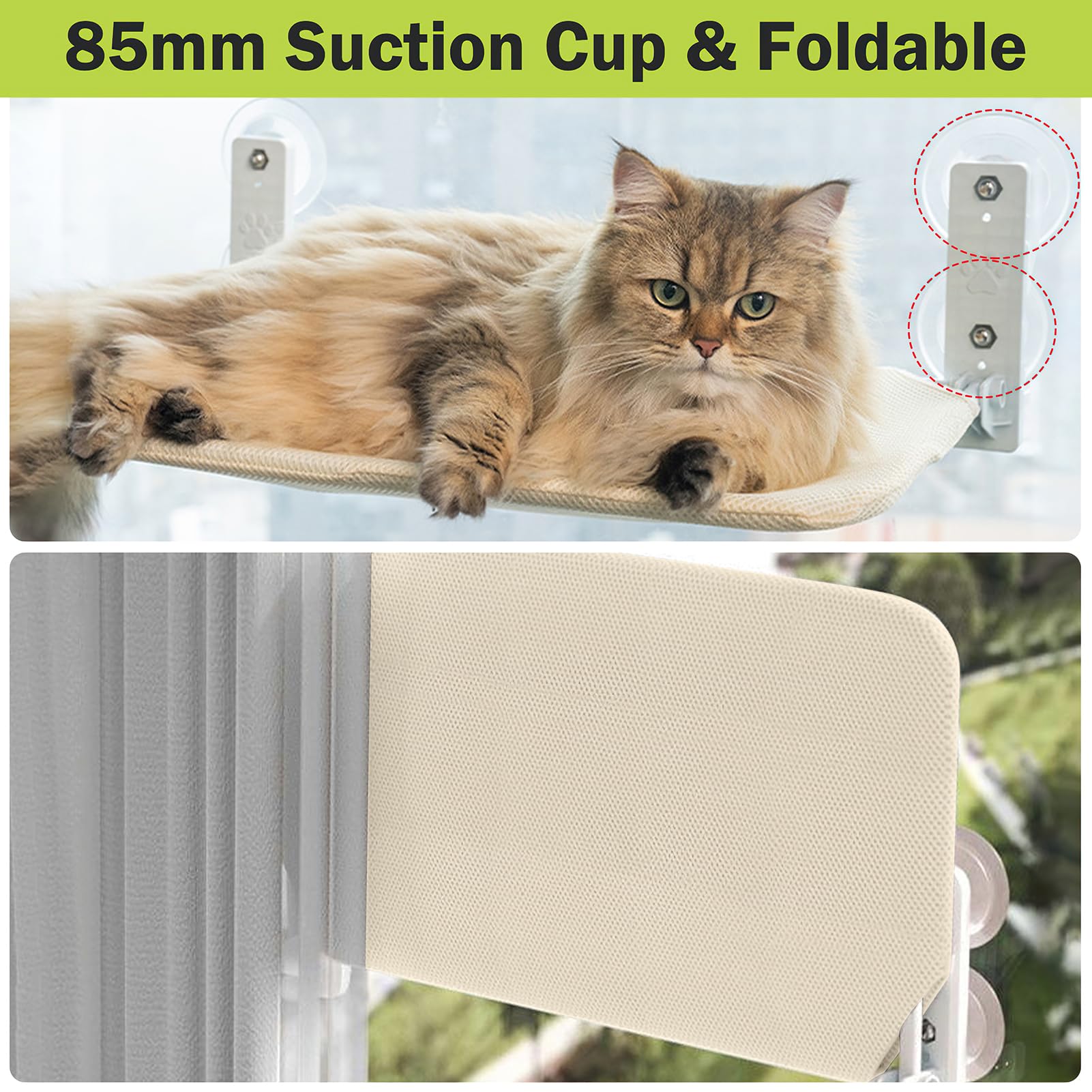 Amaca per Gatti da Finestra, Pieghevole Amaca Gatto Finestra con Ventosa Forte Tappetino Reversibile fino a 18kg (Beige 52x30cm)