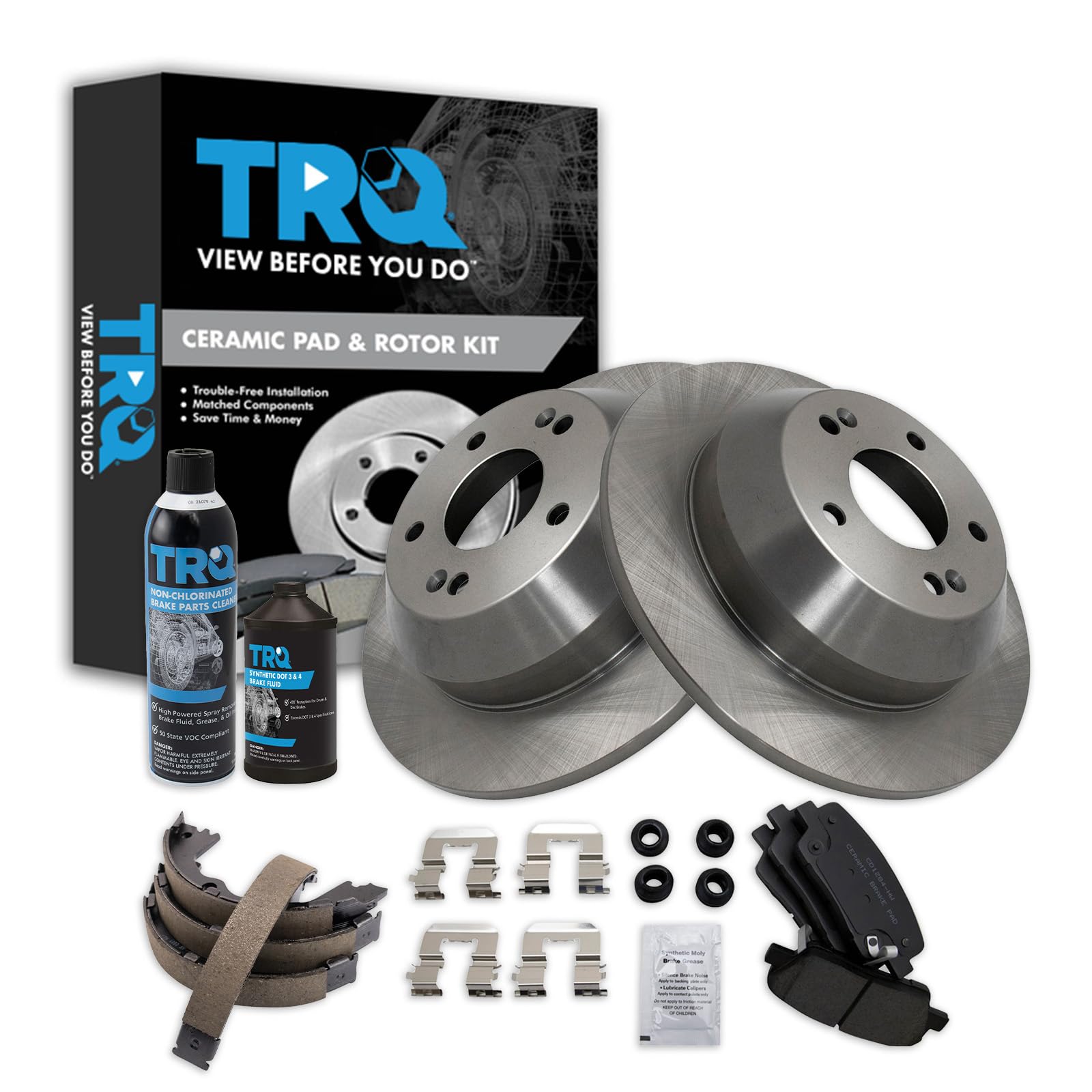 TRQ Rear Brake Pad &amp; Rotor Kit, with Chemical Kit Parking Brake Shoe Set Ceramic Compatible with 2010-2012 Hyundai Santa Fe 2011-2013 Kia Sorento