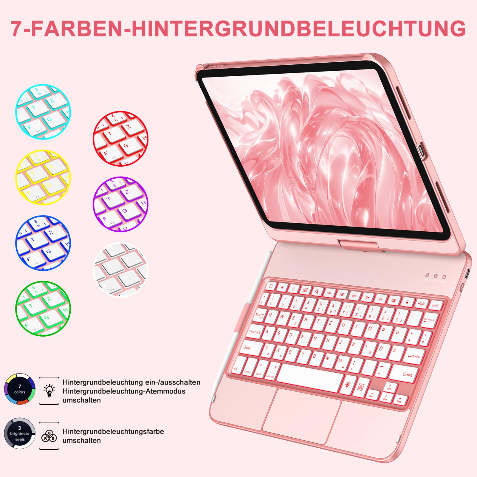 aMZCaSE für iPad 10. Generation 2022/A16 11.Generation 2025 (10,9/11 Zoll) Hülle mit Tastaturhülle,Touch für 10./11. Generation Hülle–360° drehbar & Stifthalter,DE-Layout (Roségold)