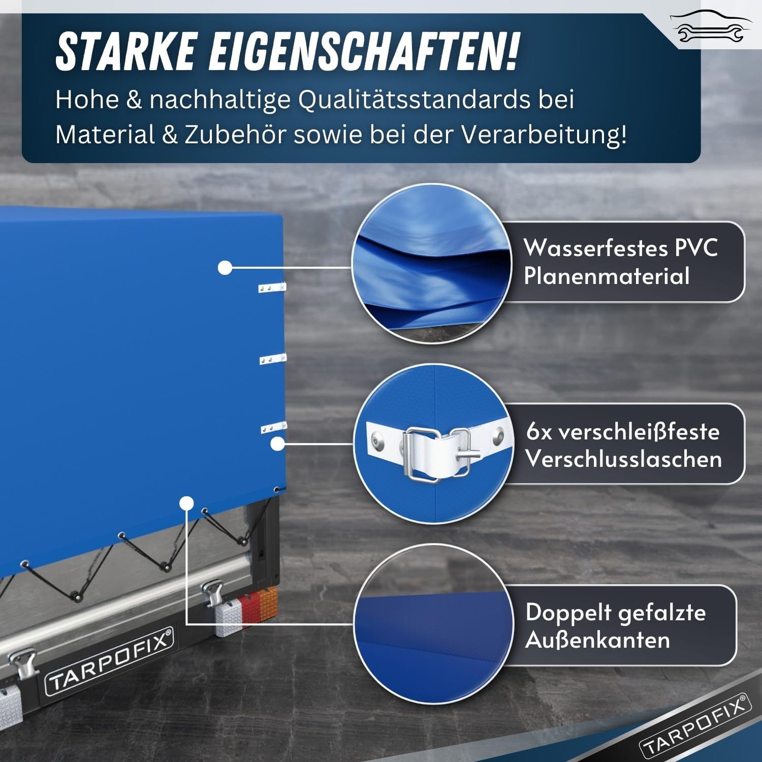Tarpofix® Anhänger Plane 209x114x65 cm inkl. Planenseil | Anhängerplane Hochplane aus PVC PLANENMATERIAL | Verstärkte Stema Hänger Abdeckplane für 750kg PKW Autoanhänger | Abdeckung Blau