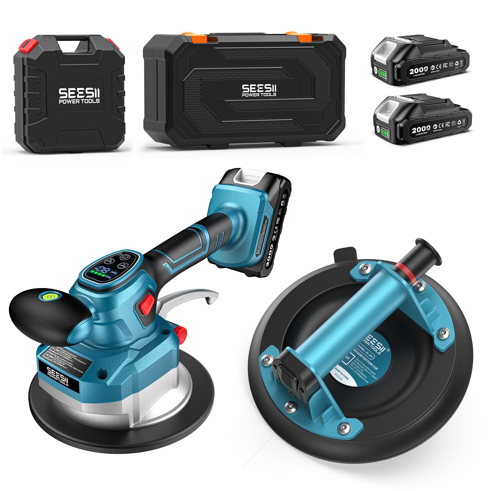 SEESII Tile Vibration Tool Pro Set, 145mm Vibration Leveling Machine &amp; 8″ Vacuum Suction Cup,Tile Vibrator With 2 x 2000 mAh Batteries for Leveling Marble, Ceramic, Paver, Granite &amp; Concrete