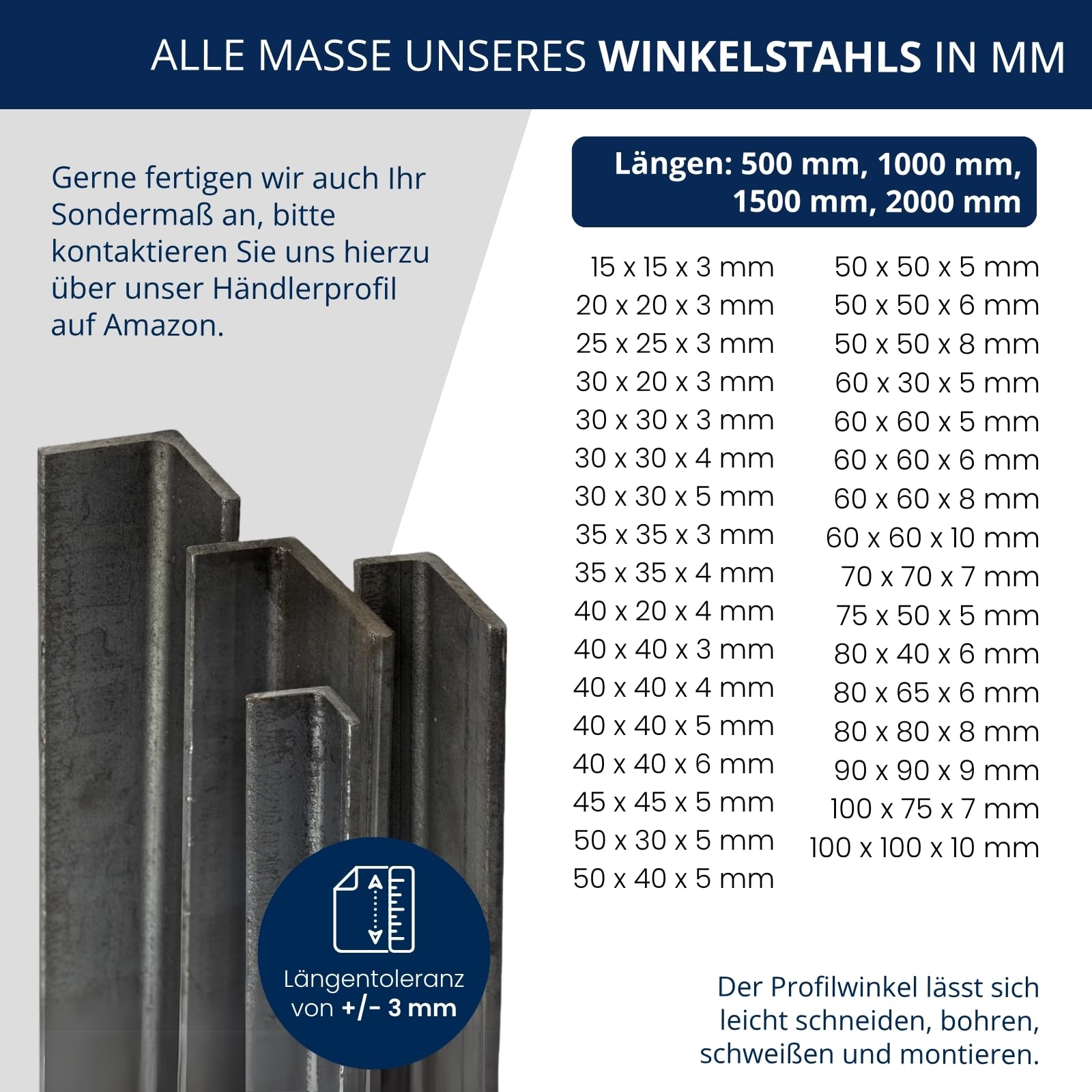 Winkelstahl S235 / 500 - 1000mm Länge / schwarz gewalzt / L-Profil Winkelstahl S235 / 500 - 1000mm Länge / schwarz gewalzt / L-Profil
