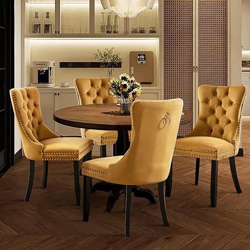 Miniatura 54 de Juego de 6 Sillas de Comedor Tapizadas en Terciopelo, Sillas Laterales de Cocina de Estilo Moderno con Ribete de Tachuelas y Patas de Madera, Anillo