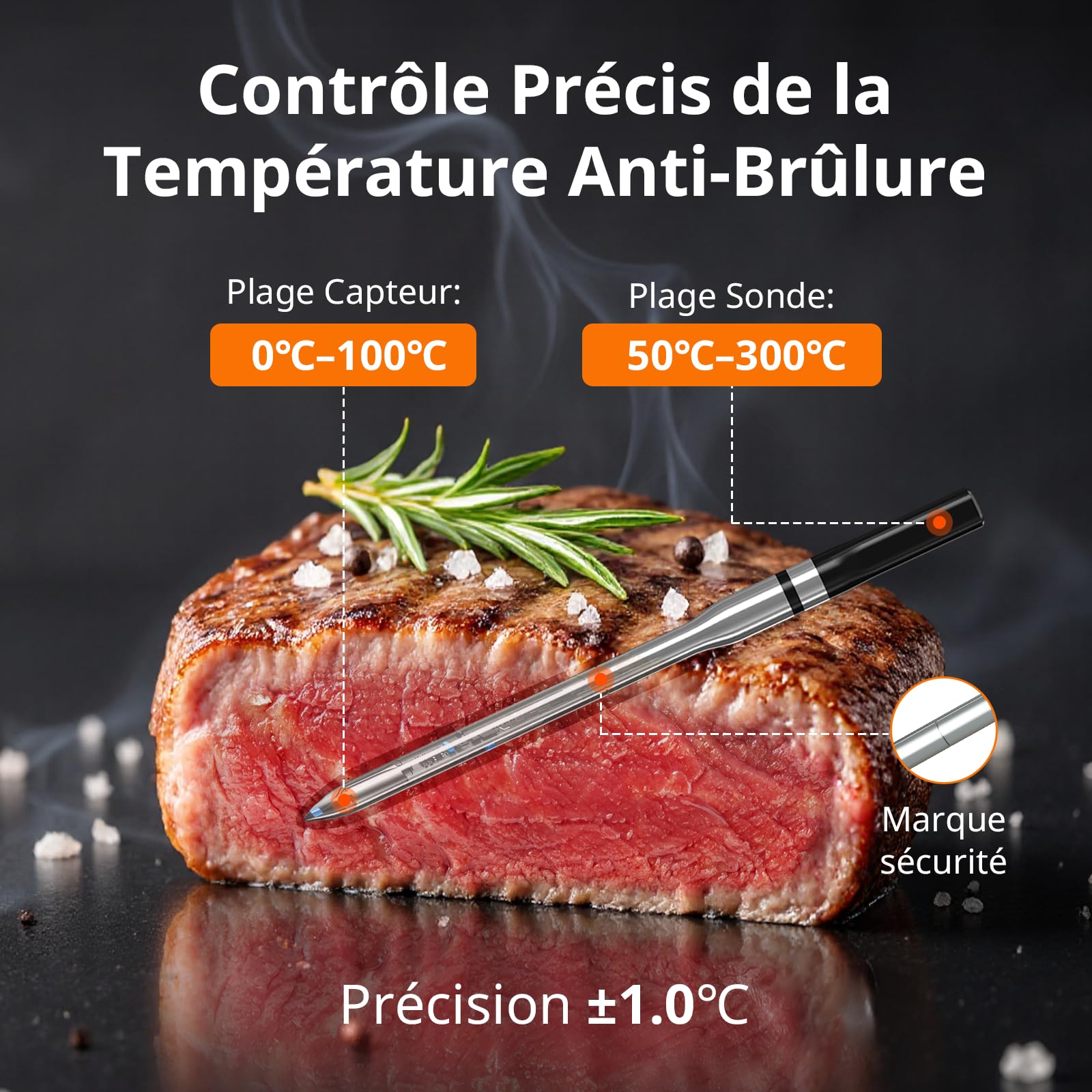 AIRMSEN Thermomètre à Viande Sans Fil avec Poignée en Céramique Résistante à la Chaleur & Écran LCD - Surveillance à 150M Contrôle par Appli Bluetooth 5.4 pour Grillade Fumage BBQ Batterie 1000mAh