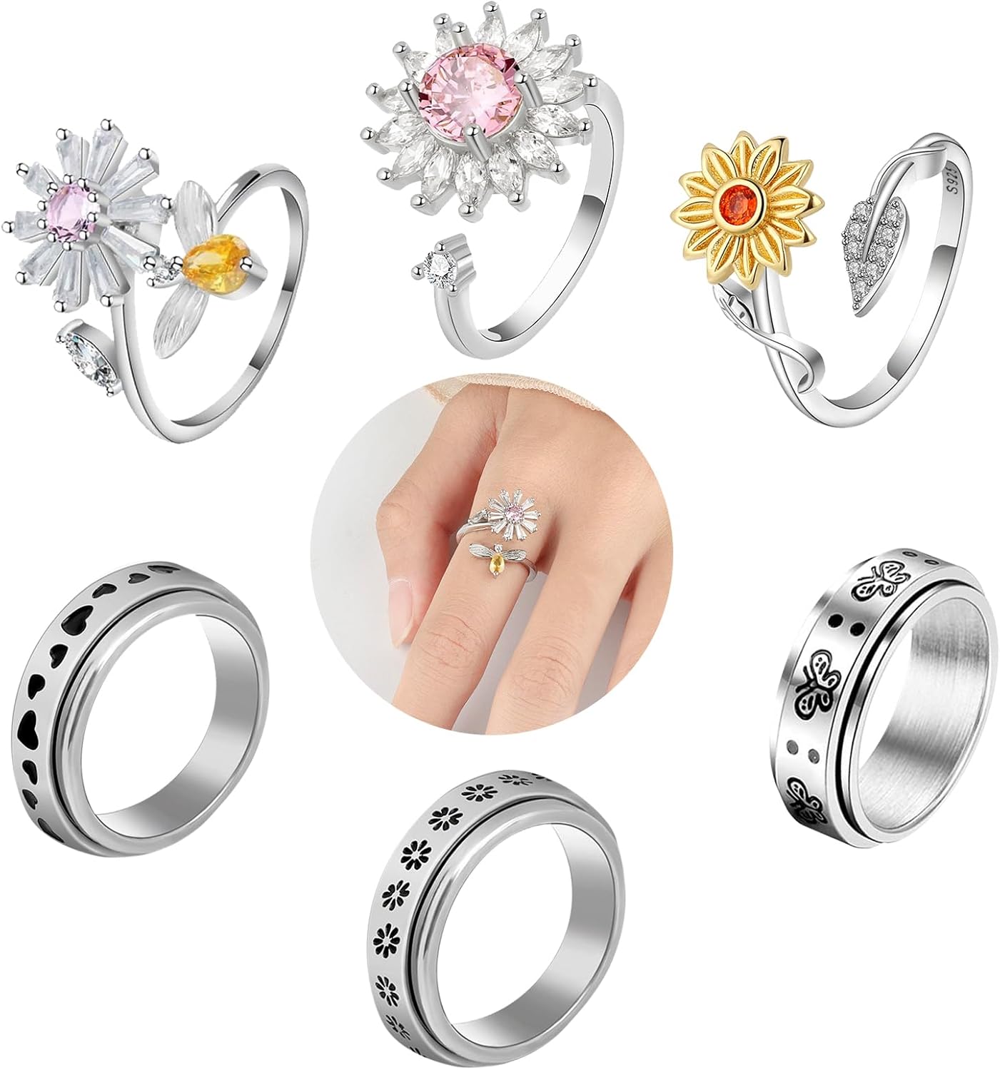 6 Pieces Women's Anxiety Rings Fidget Spinning Anxiety Rings Adjustable Anxiety Rings for Women Anxiety Adjustable Anti-Anxiety Rings Unisex