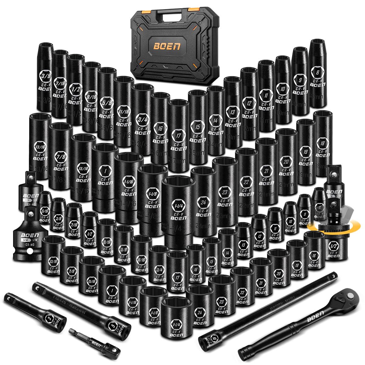 1/2" Drive Impact Socket Set, 72 Piece Standard SAE (5/16"-1-1/4") & Metric (8-24 mm), Deep & Shallow Kit | Includes Ratchet Handle & Adapters | 3 ", 5", 10" Extension Bar