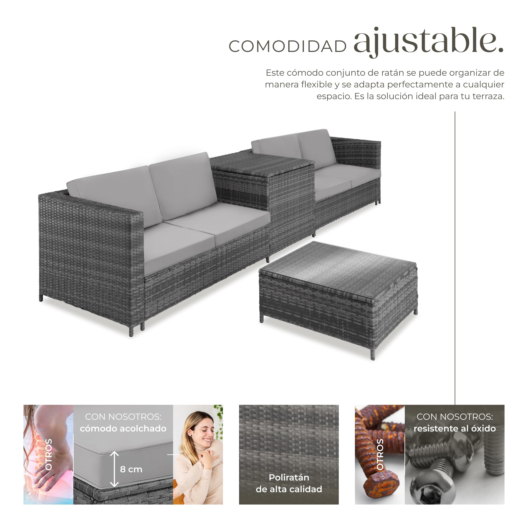 tectake® Conjunto Jardín de Ratán Combinable con Cojines Grosor 8 cm, Conjunto Terraza Acero y Resistente a la Intemperie, Muebles Jardín Exterior 2 Sofás, 1 Mesa, 1 Caja Almacenaje - Gris/Gris Claro