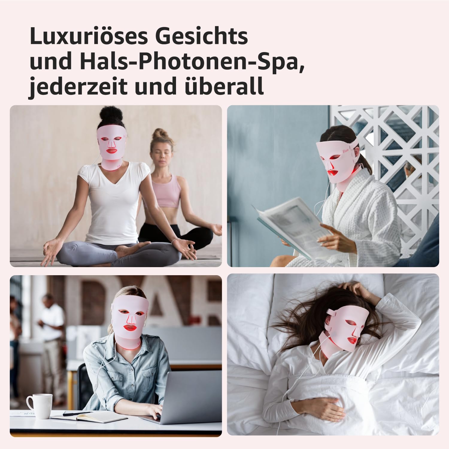 IFAE LED Gesichtsmaske, 630nm&830nm Silikon Rotlichtlampe Gesicht, 396 Chips Rotlicht Maske Gesicht mit 5/10/15/20 Timer, Gesichts & Halsmaske, Wiederaufladbar und Ergonomisches Design(Hellrosa)