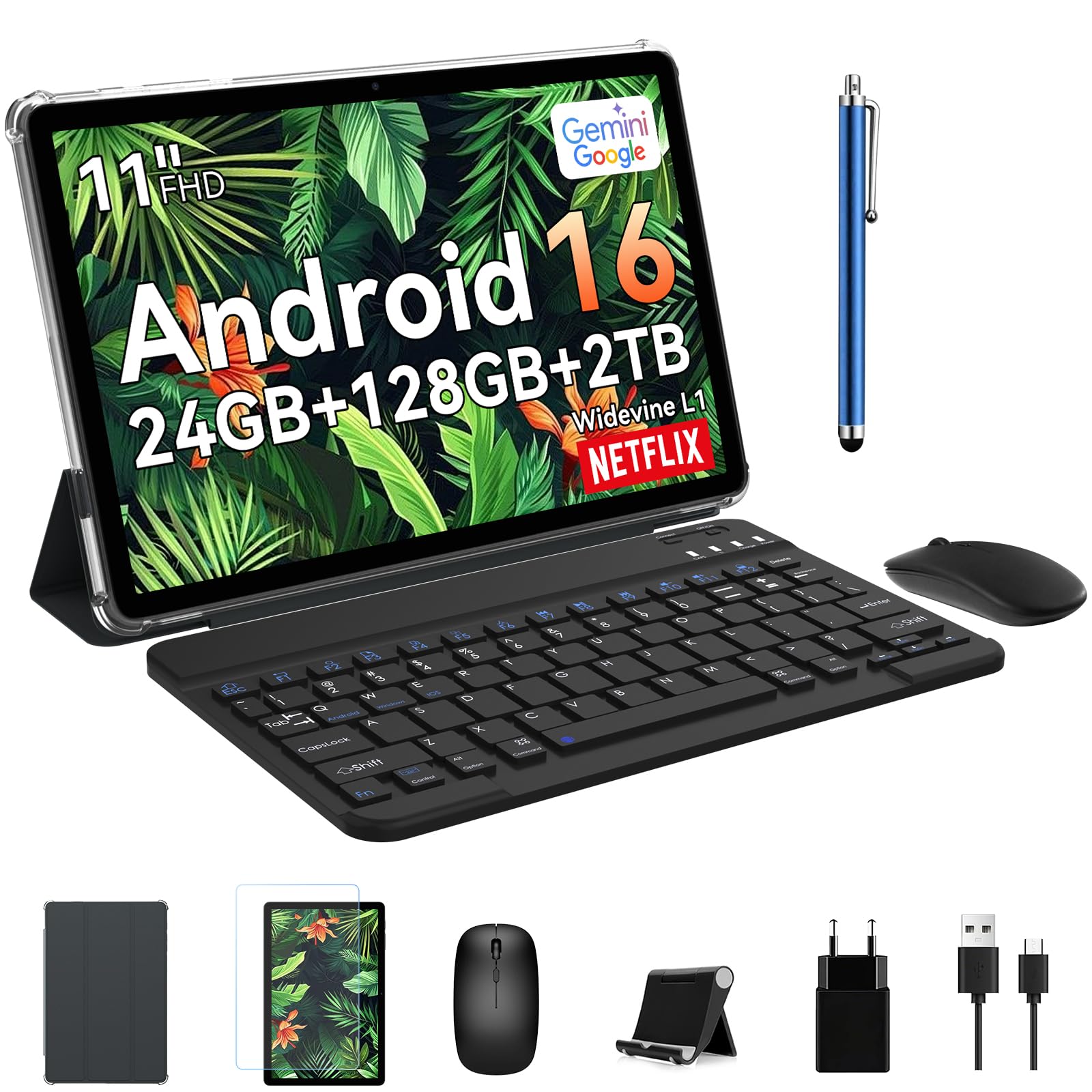 TABWEE T90 Tablet 11 Pulgadas Android 16 - Gemini Ai, 8000mAh, 24GB RAM+128GB ROM/2TB TF, Octa-Core T615, 2GHz Tableta, Widevine L1/5G WiFi/5MP+13MP/ Facial ID/GPS/BT5.0/ Tablet con Teclado y Ratón | Unisoc T615, 8000mAh, 13MP+5MP, Gemini AI, Widevine L1,