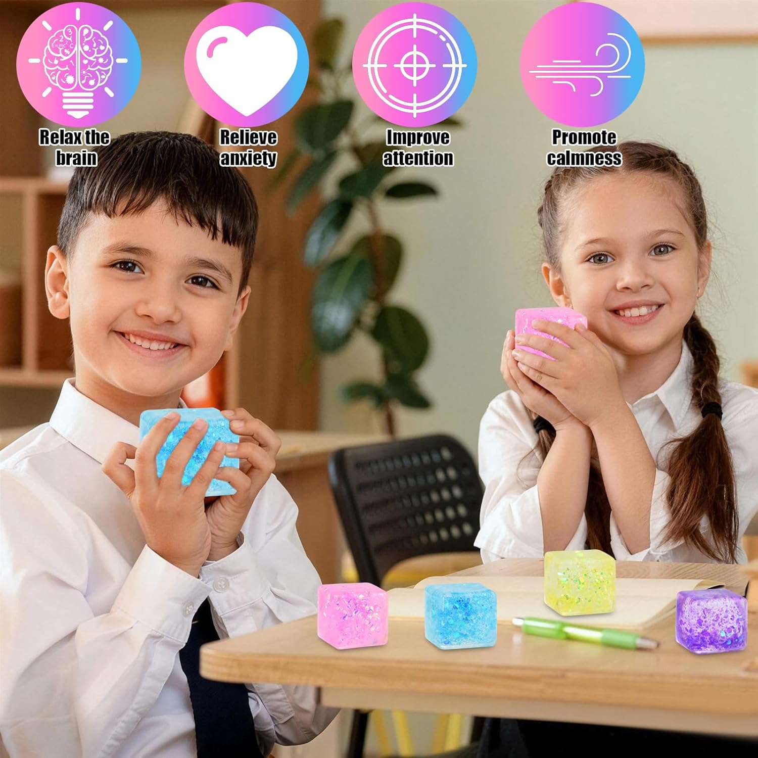 12 PCS Mini Glitter Colorful Stress Cube - Sensory Fidget Squeeze Toy with Super Solid Squish-Slow Rising Ice Cube Stress Balls-Stress Relief Hand Toy