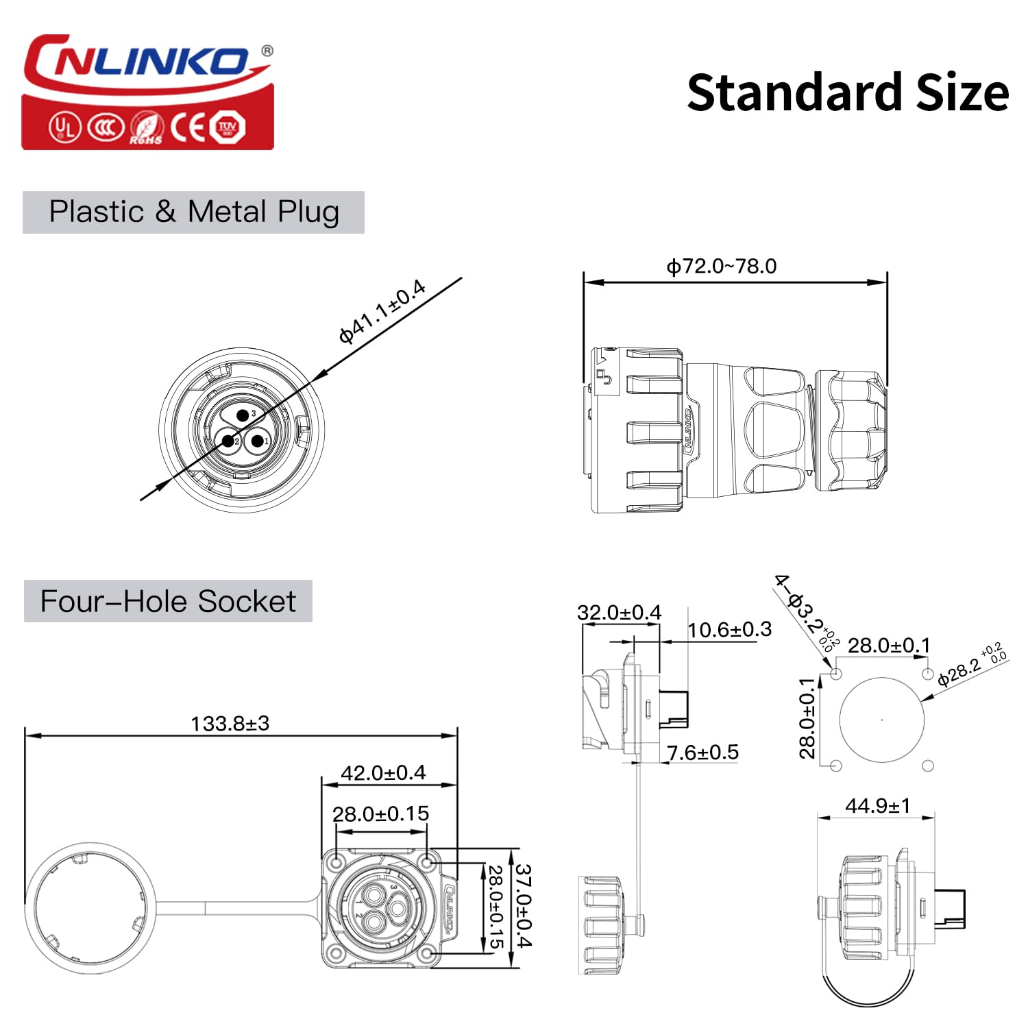 CNLINKO YM-24 Industrieller Wasserdichter Steckverbinder IP68 Rundsteckverbinder Luftfahrtstecker im Militärdesign PBT-Gehäusestecker Aviation-Anschluss M24 Flanschdose (3 Polig)