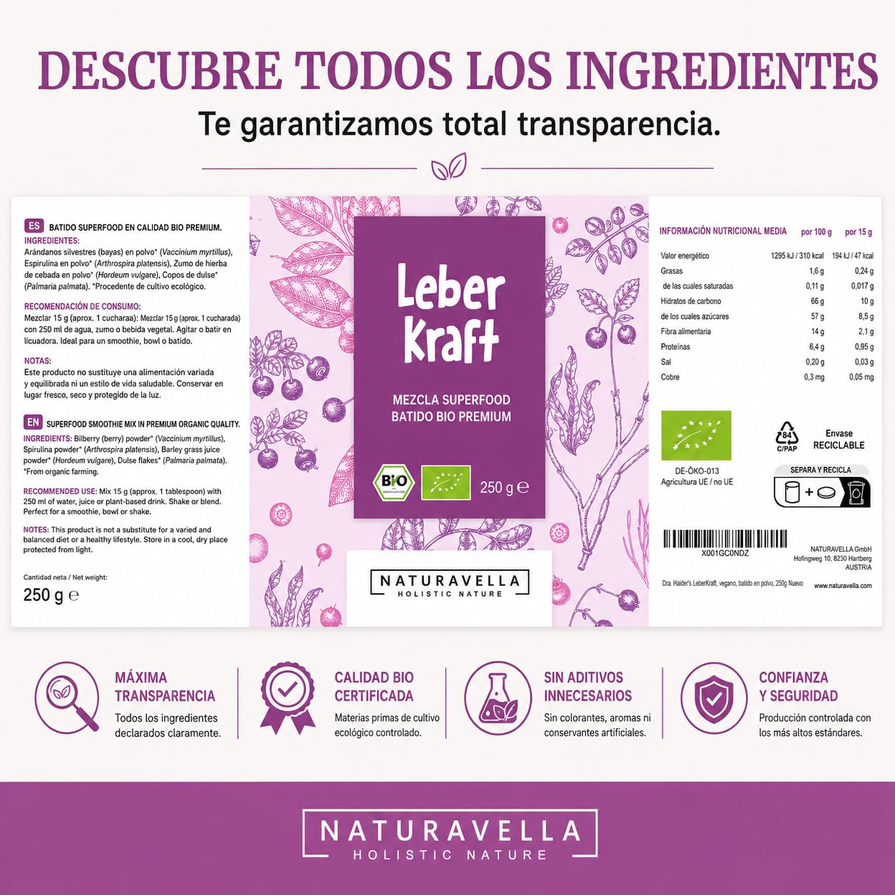NATURAVELLA LeberKraft Superfood Bio 250g | Heavy Metal Detox con arándanos silvestres, hierba de cebada, espirulina y dulse | Receta Anthony William | Vegano
