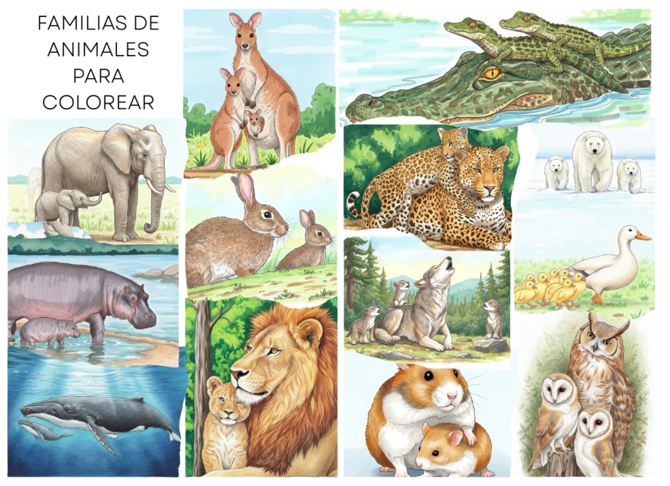 Familias de animales: Animales adultos con sus crías para colorear – Un libro realista para compartir en familia