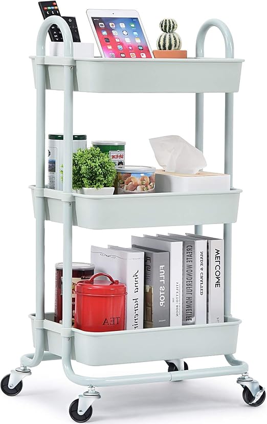 TOOLF Utility Rolling Cart with Lockable Wheels, Multi-Purpose Storage Organizer, Organizer Trolley with Handles, Serving Trolley with Mesh Basket for Home, Office, Kitchen, Bathroom (Green)