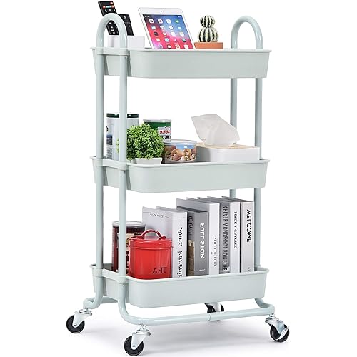 TOOLF Utility Rolling Cart with Lockable Wheels, Multi-Purpose Storage Organizer, Organizer Trolley with Handles, Serving Trolley with Mesh Basket for Home, Office, Kitchen, Bathroom (Green)