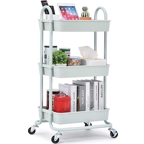 TOOLF Utility Rolling Cart with Lockable Wheels, Multi-Purpose Storage Organizer, Organizer Trolley with Handles, Serving Trolley with Mesh Basket for Home, Office, Kitchen, Bathroom (Green)