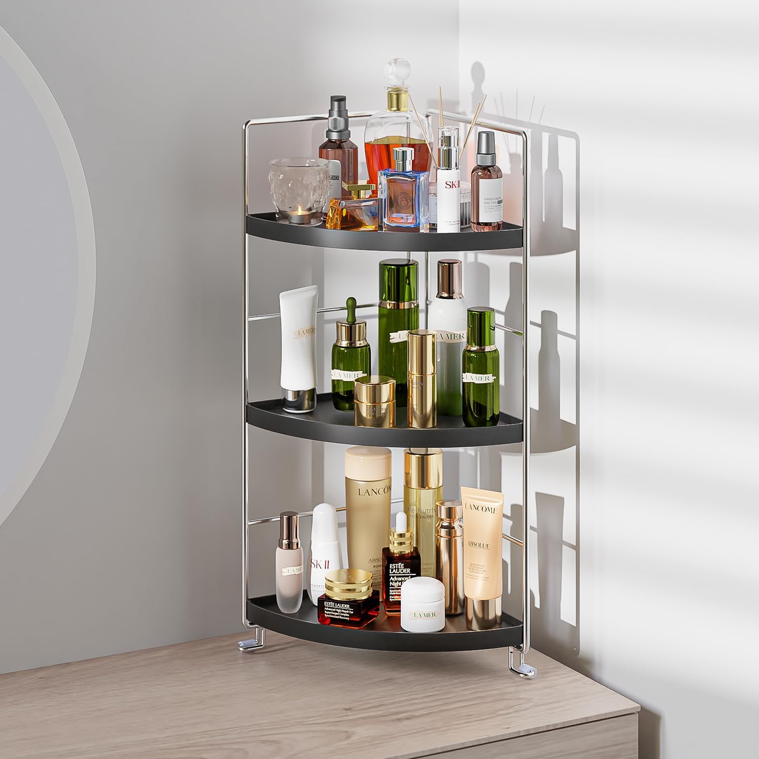 3 Tier Bathroom Corner Organizer Countertop, Vanity Counter Skincare Makeup Storage Shelf, Bathroom Sink Countertop Organizer, Black
