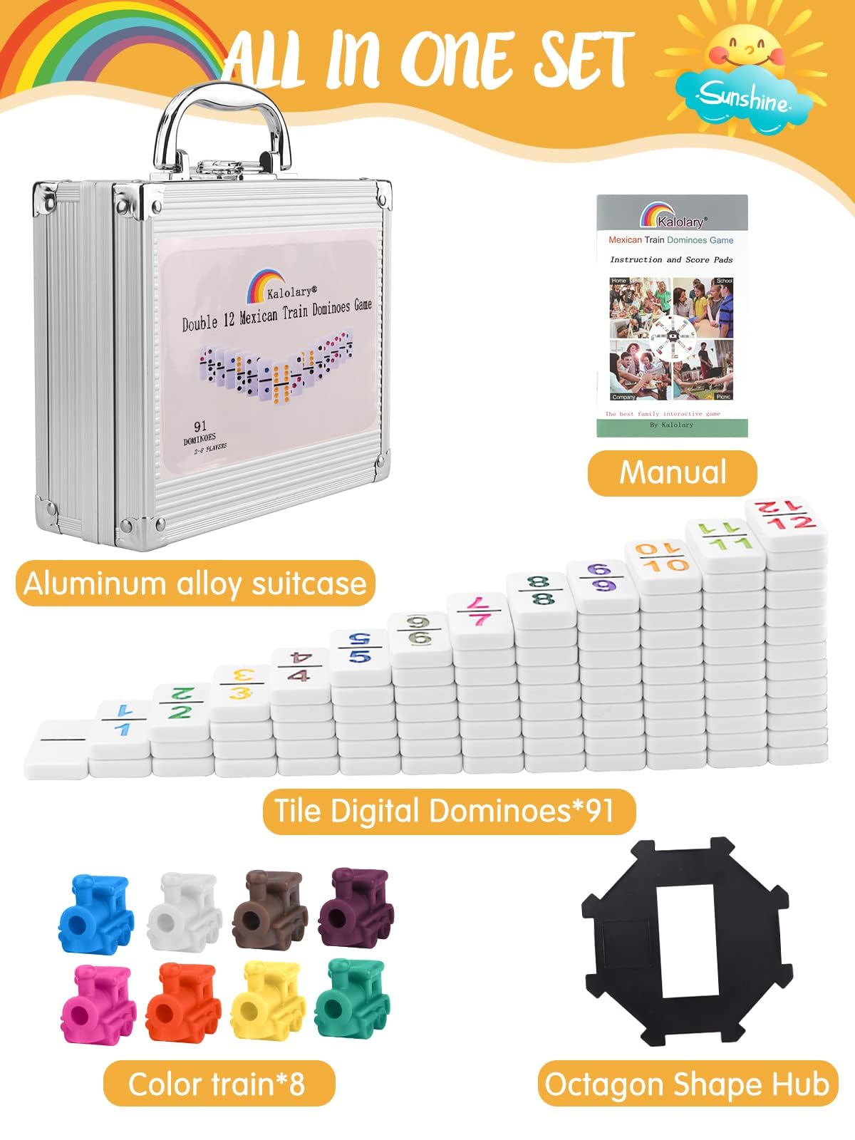 Kalolary Double 12 Jeu de Dominos du Train Mexicain, 91 Jeux Dominos Numérotés dans Boîtier Aluminium avec Livret d'Instructions 9 Trains Jeu Table Fête Familiale en Forme d'Octogone (Style Chiffres)