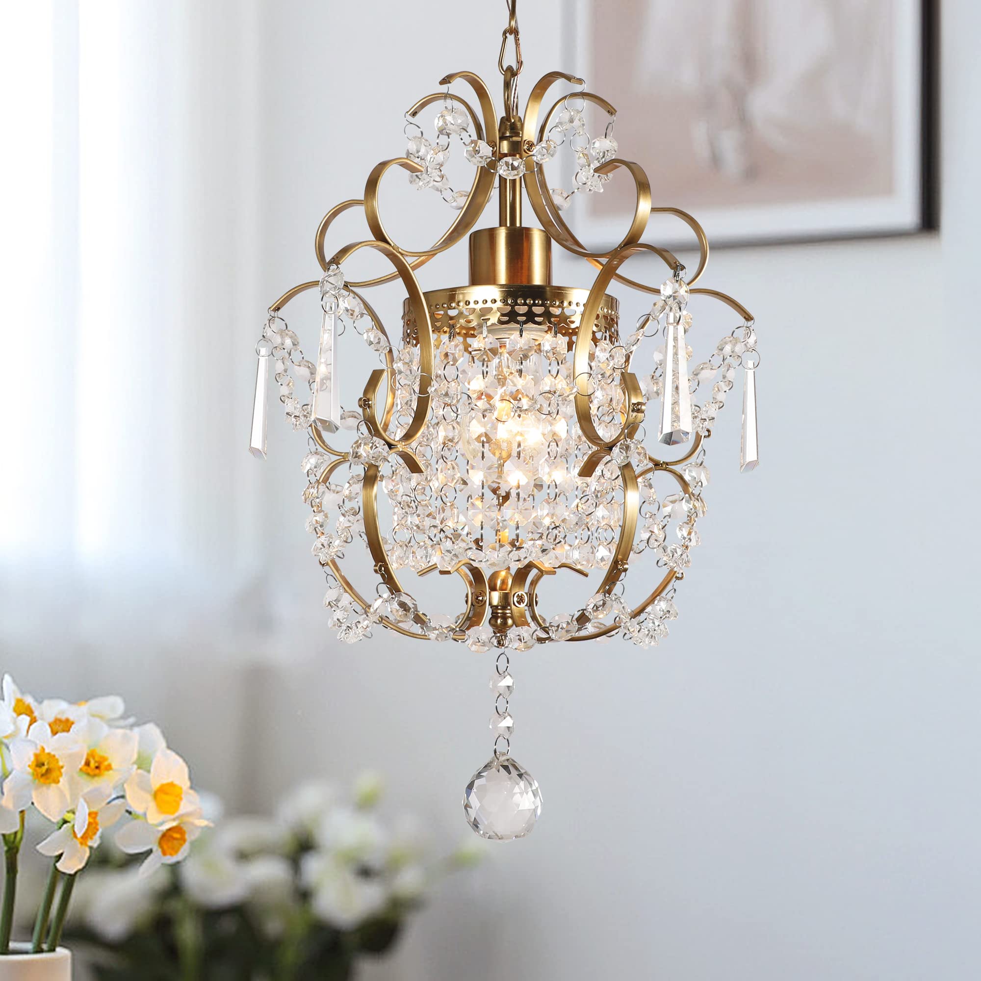 Small Crystal Chandelier, Gold Retro Crystal Pendant Chandelier, 1-Light Pendant Light Fixture, Adjustable Hanging Lighting for Entryway, Bedroom, Girls Room, Kitchen Island