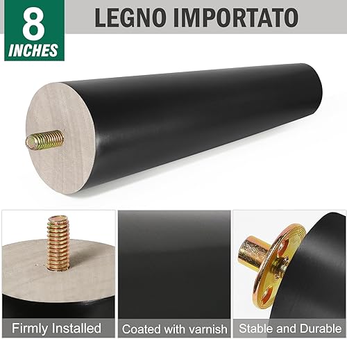 Miniatura 9 de Patas de madera de goma negra para muebles de 8 pulgadas, patas rectas de madera cónicas de mediados de siglo, patas de sofá UNC de 516 pulgadas,
