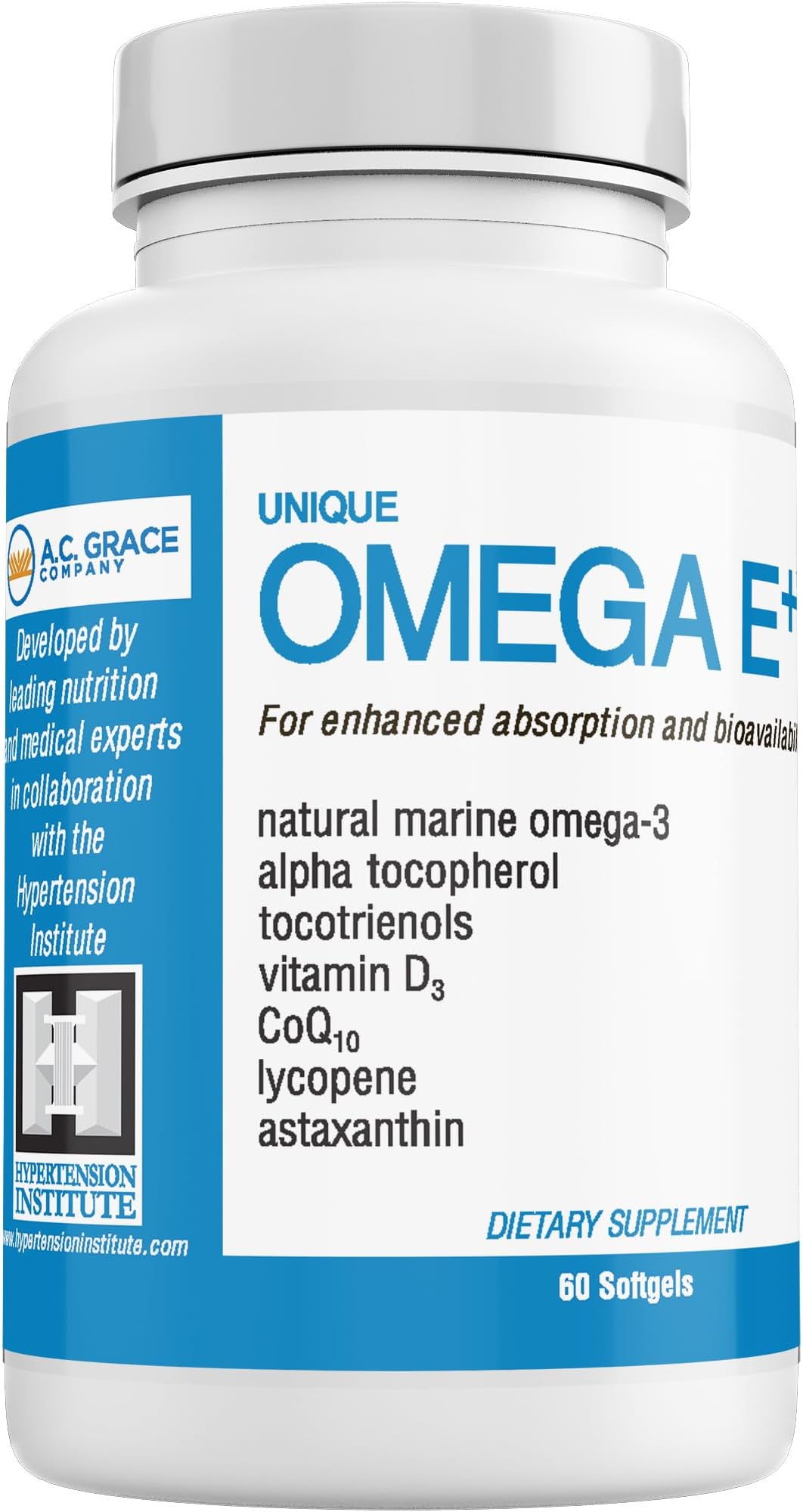 A.C. Grace Company Omega E+ - Fish Oil Supplement - with Marine Omega-3 Fatty Acids, Vitamin E, Vitamin D3, and CoQ10 - Helps Support Heart, Brain, and Skin Health - 60 Softgels