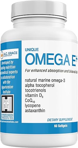 UNIQUE E A.C. Grace Company Omega E+ - Suplemento de aceite de pescado - con ácidos grasos omega-3 marinos, vitamina E, vitamina D3 y CoQ10 - Ayuda