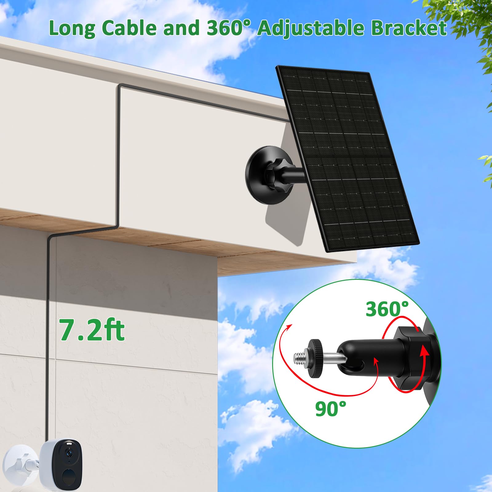 Zivif Panel słoneczny 6 W do kamer bezpieczeństwa, ładowarka solarna 5 V, kompatybilna z kamerami z akumulatorami, z portem USB-C i micro USB, wodoodporność IP66, regulowany uchwyt 360° i kabel 2,2 m