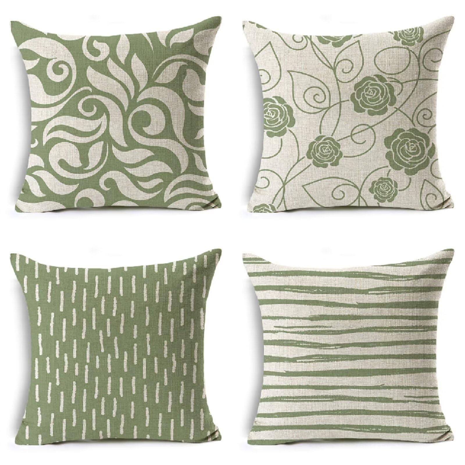 Juego de 4 Verde claro Moderno Fundas de Cojines, rayas Cojines Decoracion Impermeable 45x45cm,Otoño Fundas Cojín Lino Decorativas,Sofá Sala de Estar Exterior Jardín Cojin, Cremallera Oculta HY-2232