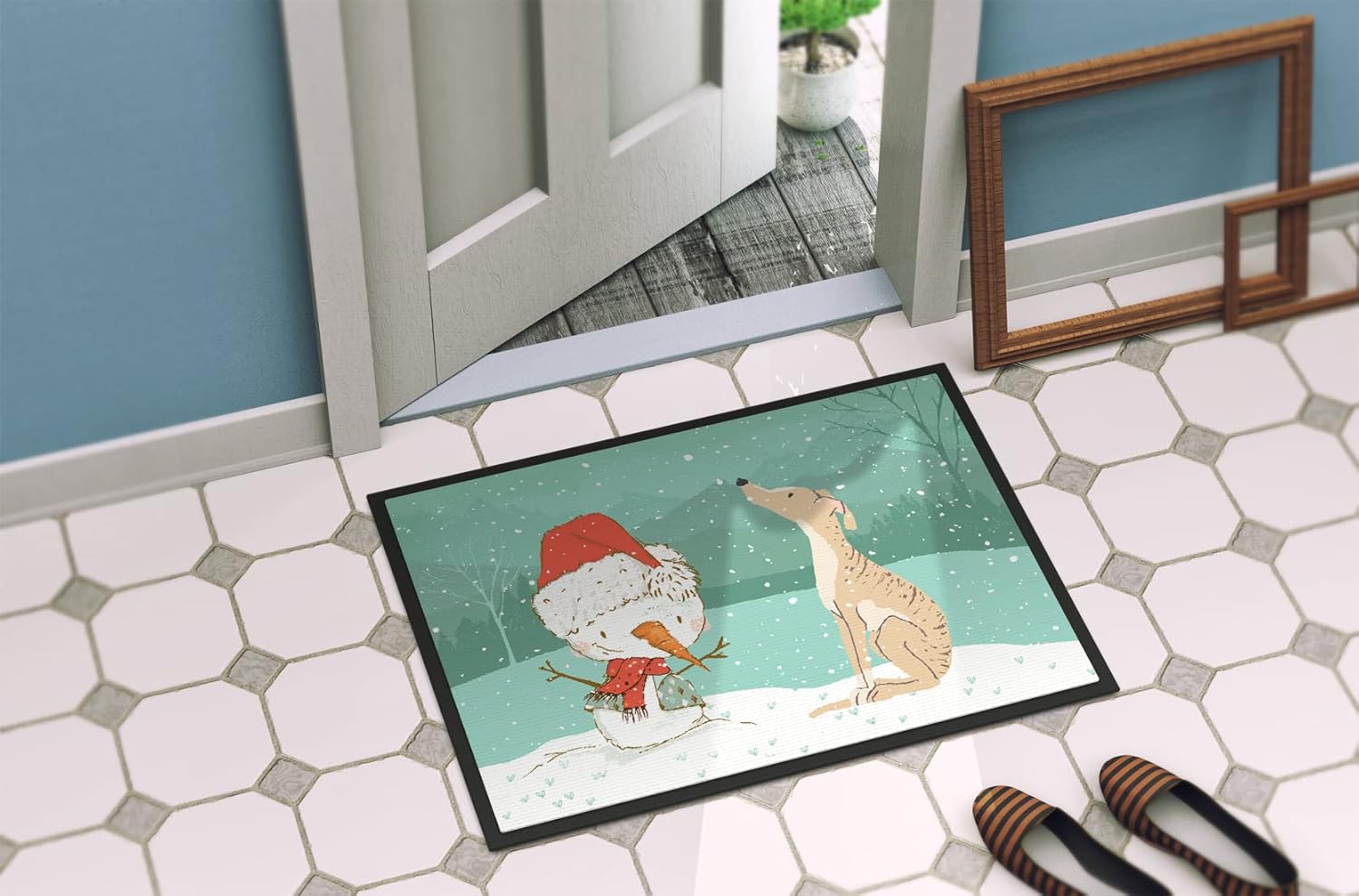 Caroline's Treasures CK2043MAT Brindle Greyhound Snowman Christmas Doormat 18x27 Front Door Mat Indoor Outdoor Rugs for Entryway, Non Slip Washable Low Pile, 18H X 27W
